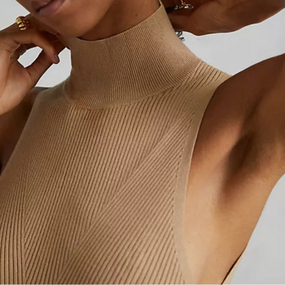 Anthropologie Knit Mock Turtle Neck Midi Tan Cedar Sweater Dress Size XS - Picture 4 of 12